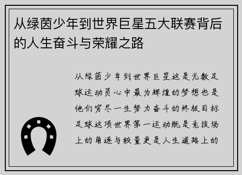 从绿茵少年到世界巨星五大联赛背后的人生奋斗与荣耀之路
